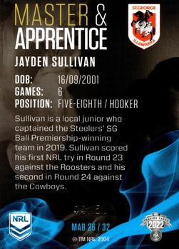 2022 NRL Traders - Master & Apprentice Blue #MAB26 Jayden Sullivan Back